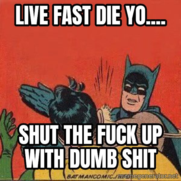 batman slap robin meme: LIVE FAST DIE YO.... / SHUT THE FUCK UP WITH DUMB SHIT
