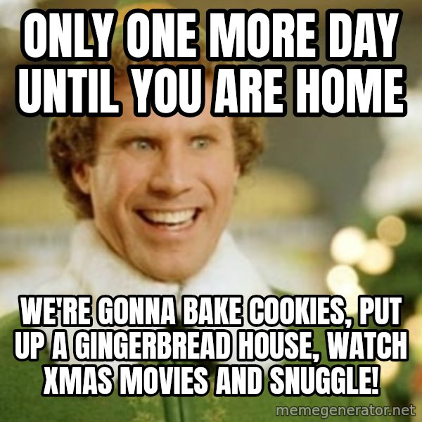 Buddy the Elf meme: Only one more day until you are home / We're gonna bake cookies, put up a gingerbread house, watch Xmas movies and snuggle!