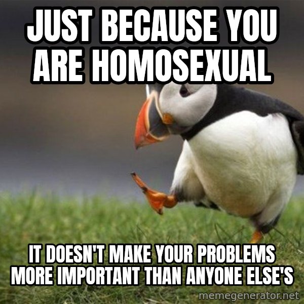 Unpopular Opinion Puffin meme: Just because you are homosexual / It doesn't make your problems more important than anyone else's