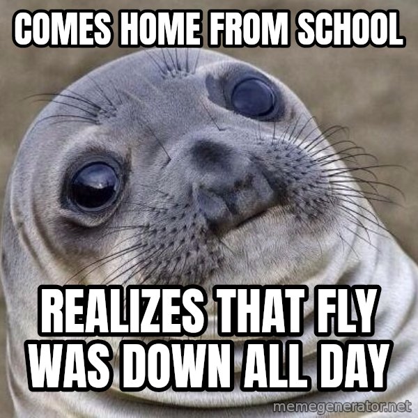 Awkward Seal meme: comes home from school / realizes that fly was down all day