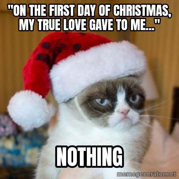 Grumpy Cat Santa Hat meme: "on the first day of christmas, my true love gave to me..." / nothing
