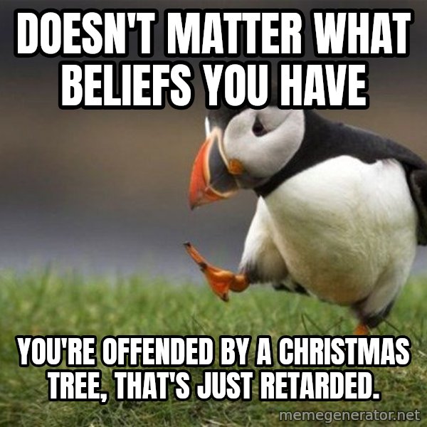 Unpopular Opinion Puffin meme: doesn't matter what beliefs you have / you're offended by a christmas tree, that's just retarded.
