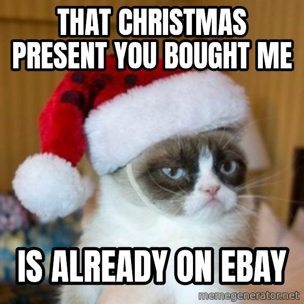 Grumpy Cat Santa Hat meme: That Christmas Present you bought me / Is already on Ebay