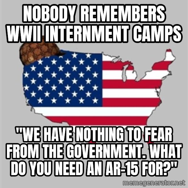 Scumbag America2 meme: nobody remembers wwii internment camps / "we have nothing to fear from the government. what do you need an ar-15 for?"