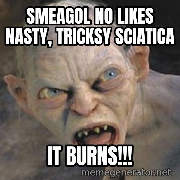 Gollum  meme: SMEAGOL NO LIKES NASTY, TRICKSY SCIATICA / IT BURNS!!!