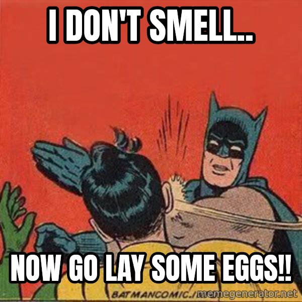 batman slap robin meme: i don't smell.. / now go lay some eggs!!