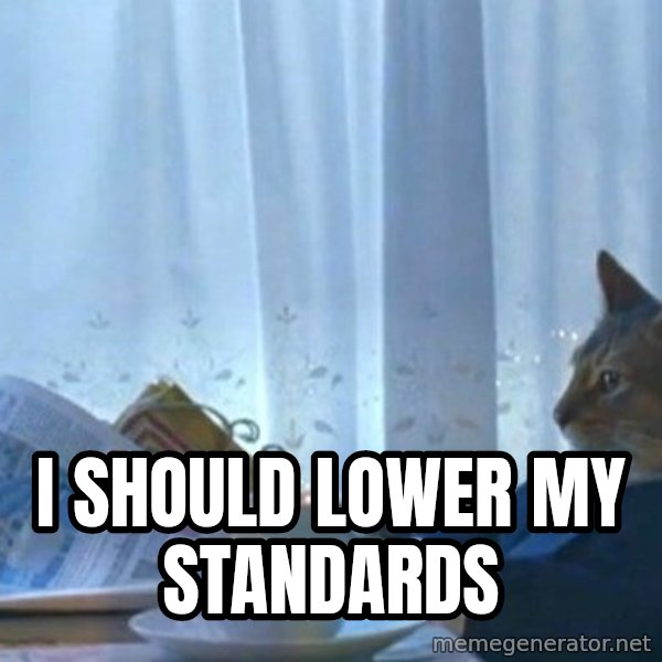newspaper cat realization meme: I should lower my standards