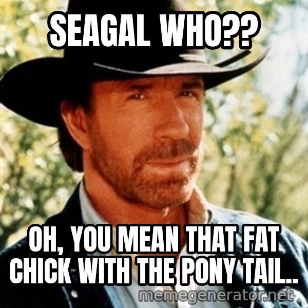 Brutal Chuck Norris meme: Seagal Who?? / Oh, you mean that fat chick with the pony tail..