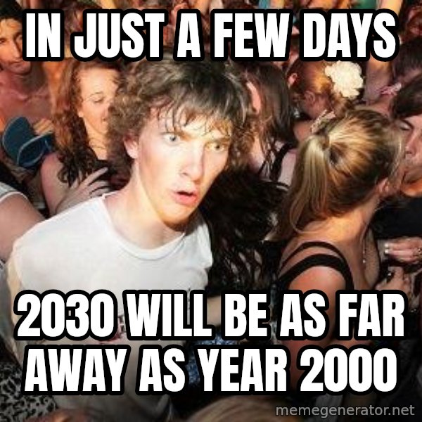 Sudden Realization Ralph meme: In just a few days / 2030 will be as far away as year 2000