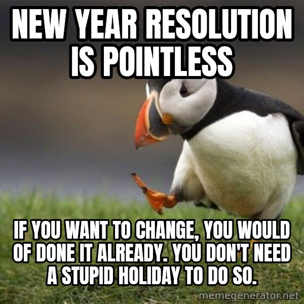 Unpopular Opinion Puffin meme: new year resolution is pointless / if you want to change, you would of done it already. you don't need a stupid holiday to do so.