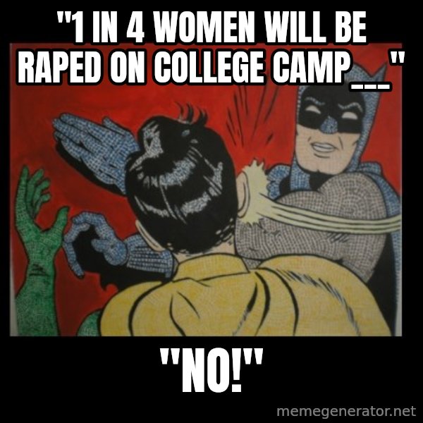 Batman Slappp meme: "1 in 4 women will be raped on college camp___" / "No!"