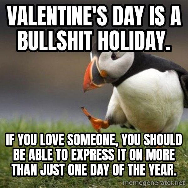 Unpopular Opinion Puffin meme: Valentine's day is a bullshit holiday. / If you love someone, you should be able to express it on more than just one day of the year.
