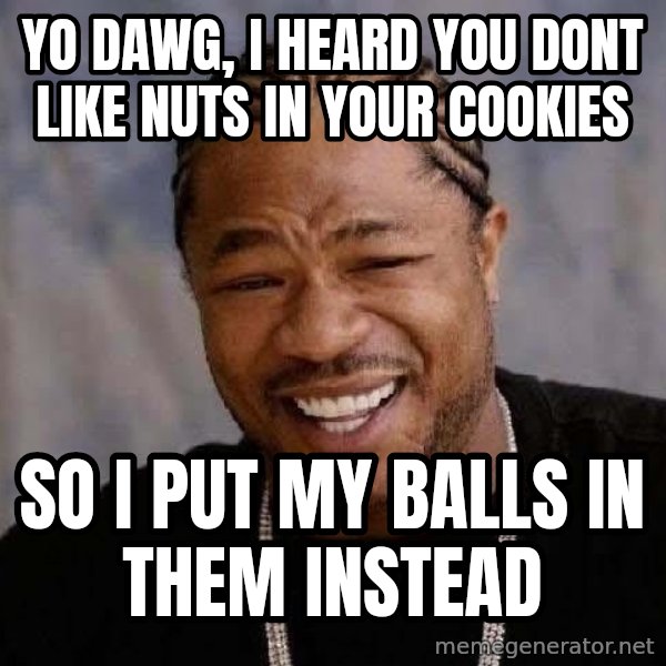 Yo Dawg meme: yo dawg, i heard you dont like nuts in your cookies / so i put my balls in them instead