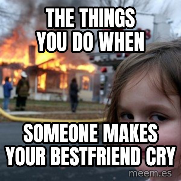 Disaster Girl meme: THE THINGS YOU DO WHEN / SOMEONE MAKES YOUR BESTFRIEND CRY