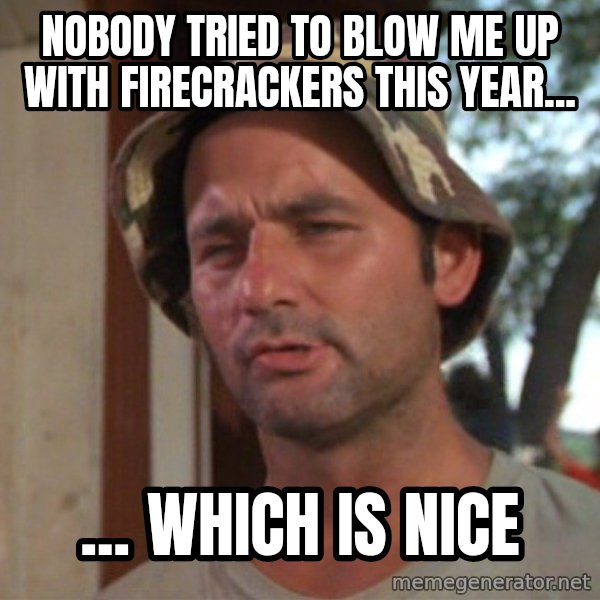 So I got that going on for me, which is nice meme: Nobody tried to blow me up with firecrackers this year... / ... which is nice