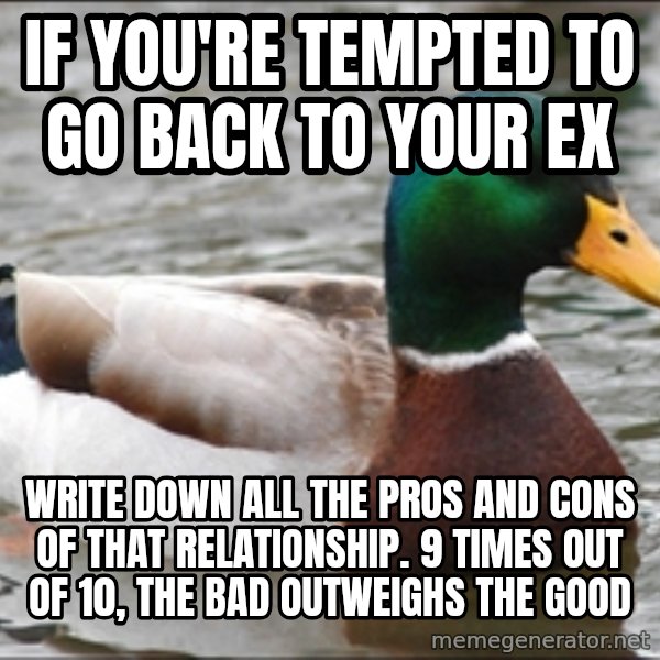 Actual Advice Mallard 1 meme: if you're tempted to go back to your ex / write down all the pros and cons of that relationship. 9 times out of 10, the bad outweighs the good
