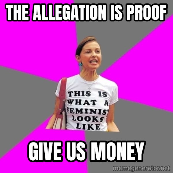 Feminist Cunt meme: the allegation is proof / give us money