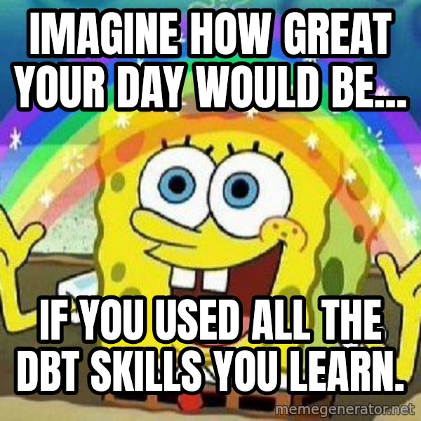 Imagination meme: IMAGINE HOW GREAT YOUR DAY WOULD BE... / IF YOU USED ALL THE DBT SKILLS YOU LEARN.