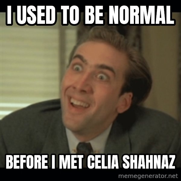 Nick Cage meme: I used to be normal / Before I met Celia Shahnaz