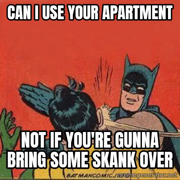 batman slap robin meme: can i use your apartment / not if you're gunna bring some skank over