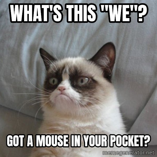 Grumpy cat good meme: What's this "we"? / Got a mouse in your pocket?