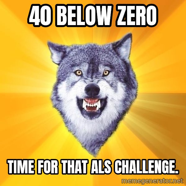Courage Wolf meme: 40 below zero / time for that als challenge.