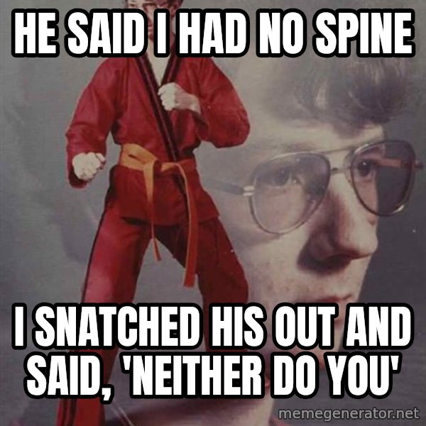 PTSD Karate Kyle meme: He said I had no spine / I snatched his out and said, 'neither do you'