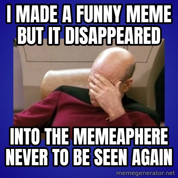 Picard facepalm  meme: i made a funny meme but it disappeared / into the memeaphere never to be seen again