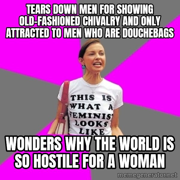 Feminist Cunt meme: Tears down men for showing old-fashioned chivalry and only attracted to men who are douchebags / Wonders why the world is so hostile for a woman