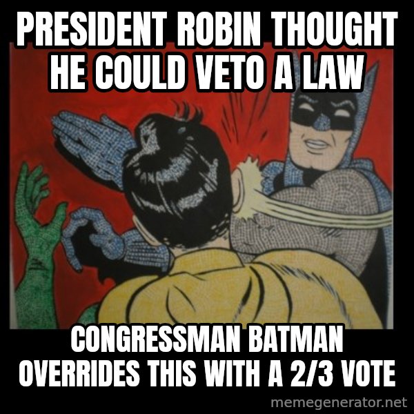Batman Slappp meme: President Robin Thought He Could Veto A Law / Congressman Batman overrides this with a 2/3 vote