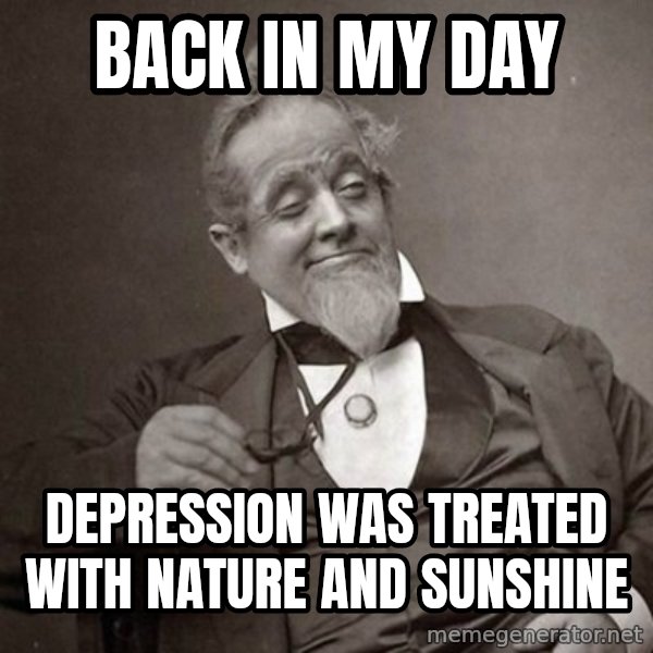 1889 [10] guy meme: back in my day / depression was treated with nature and sunshine