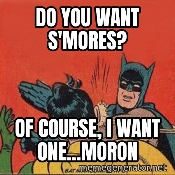 batman slap robin meme: Do you want S'mores? / Of course, I want one...Moron