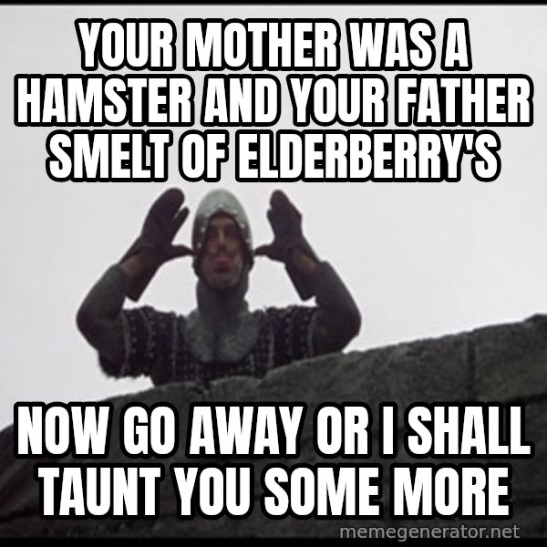 Monty Python French Knight Taunt meme: your mother was a hamster and your father smelt of elderberry's / now go away or I shall taunt you some more