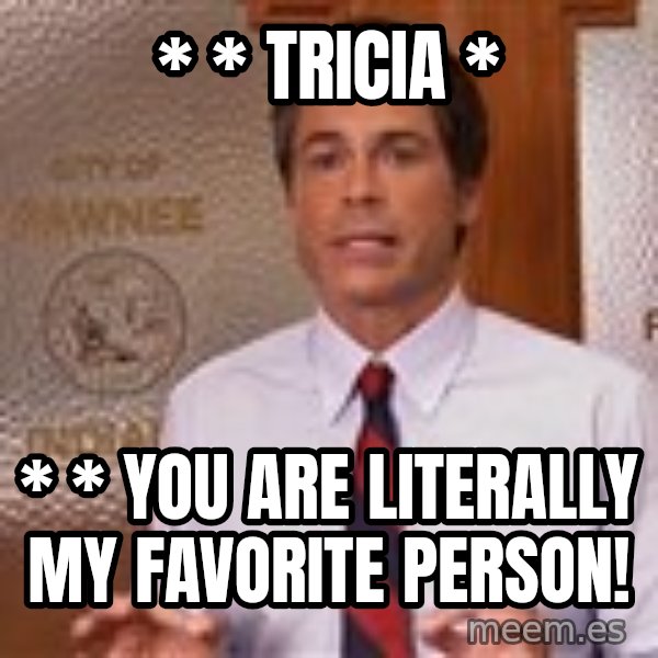 Parks And Rec Rob Lowe meme: *                                                            *       Tricia                                 * / *                                                         *   You are Literally my               favorite person!