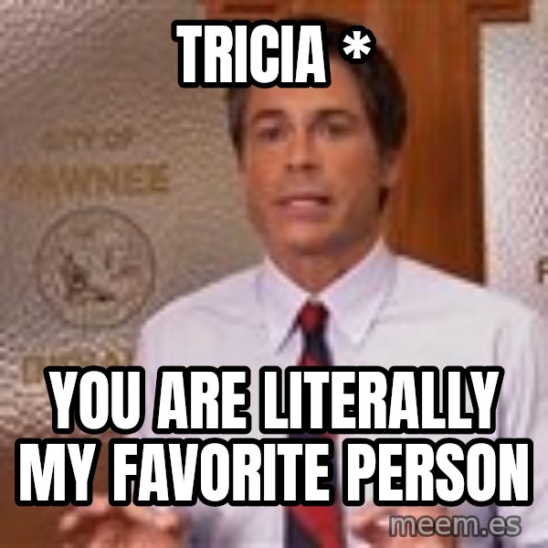 Parks And Rec Rob Lowe meme: Tricia                    * / You are literally   my favorite person