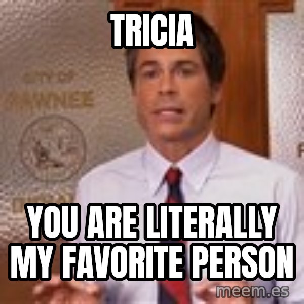 Parks And Rec Rob Lowe meme: tricia / you are literally my favorite person