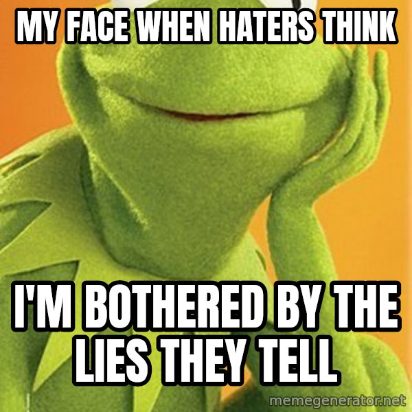 Kermit the frog meme: My face when haters think / I'm bothered by the lies they tell