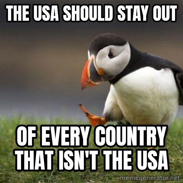 Unpopular Opinion Puffin meme: The USa should stay out / of every country that isn't the USa