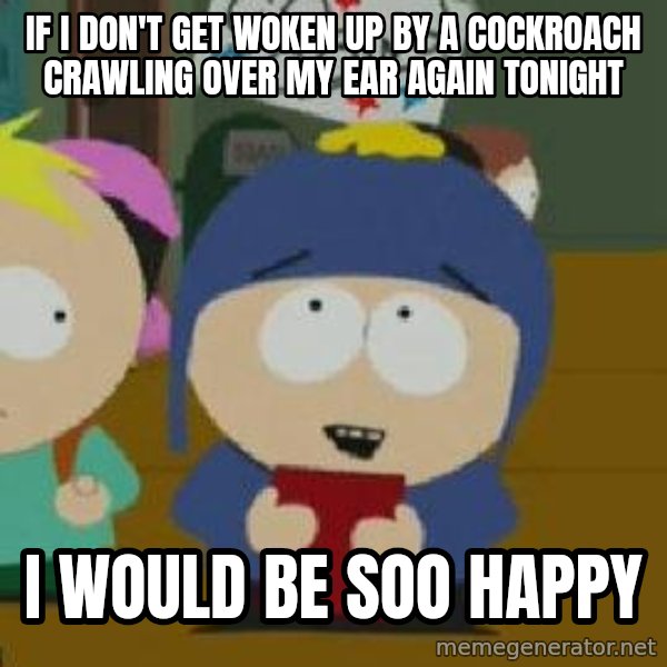 Craig would be so happy meme: If I don't get woken up by a cockroach crawling over my ear again tonight / I would be soo happy