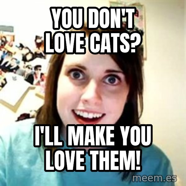 Overly Attached Girlfriend 2 meme: You don't love cats? / i'll make you love them!