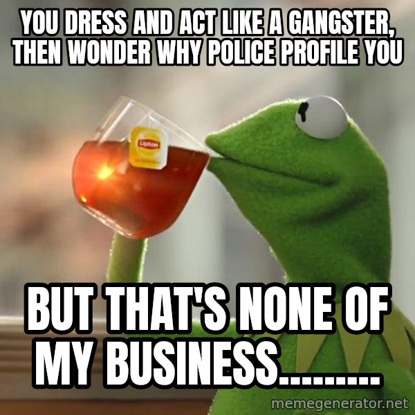 Kermit The Frog Drinking Tea meme: You dress and act like a gangster, then wonder why police profile you / but that's none of my business.........