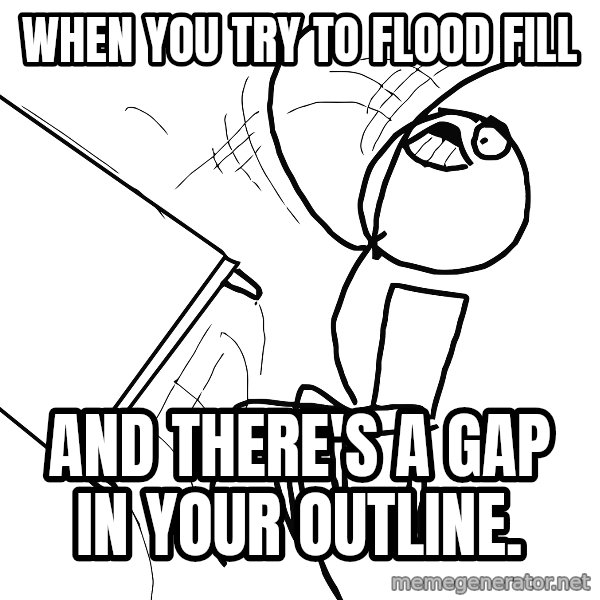 Desk Flip Rage Guy meme: when you try to flood fill / and there's a gap in your outline.