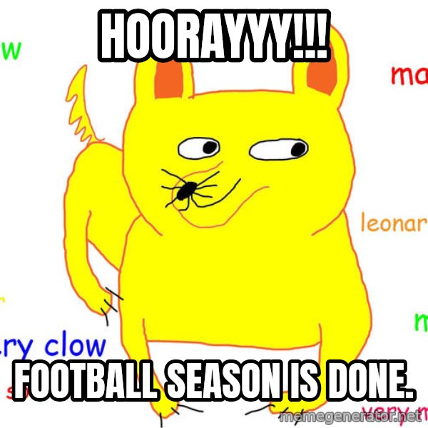 Grumpy Cat  meme: hoorayyy!!! / Football season is done.