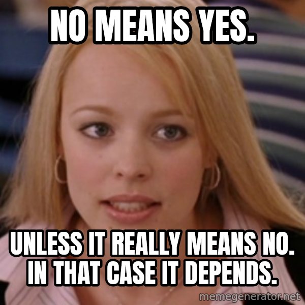 mean girls meme: no means yes. / unless it really means no. in that case it depends.