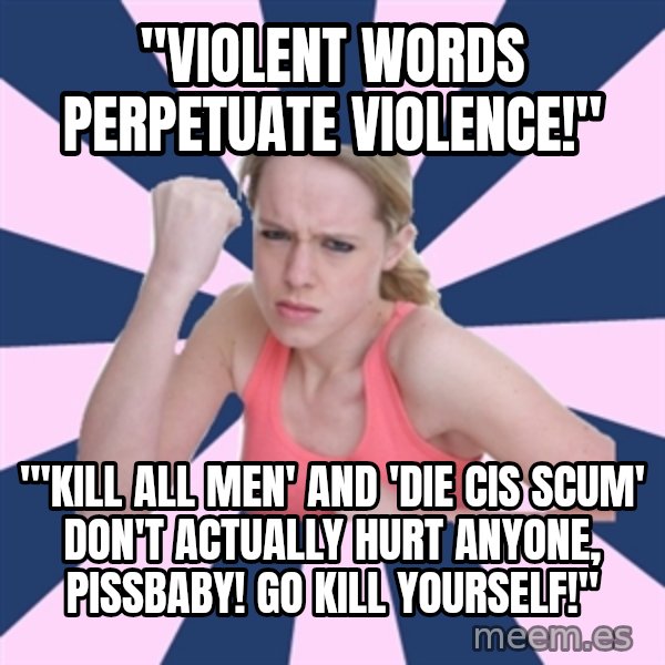 Social Justice Sally meme: "Violent words perpetuate violence!" / "'Kill all men' and 'die cis scum' don't actually hurt anyone, pissbaby!  Go kill yourself!"