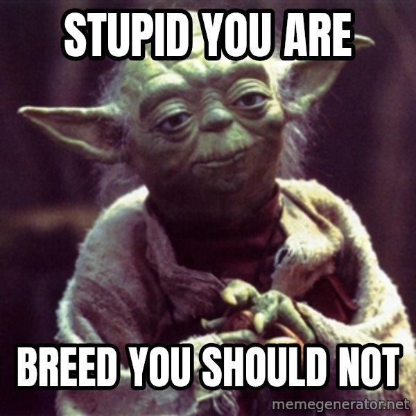 Yoda meme: STUPID YOU ARE / BREED YOU SHOULD NOT