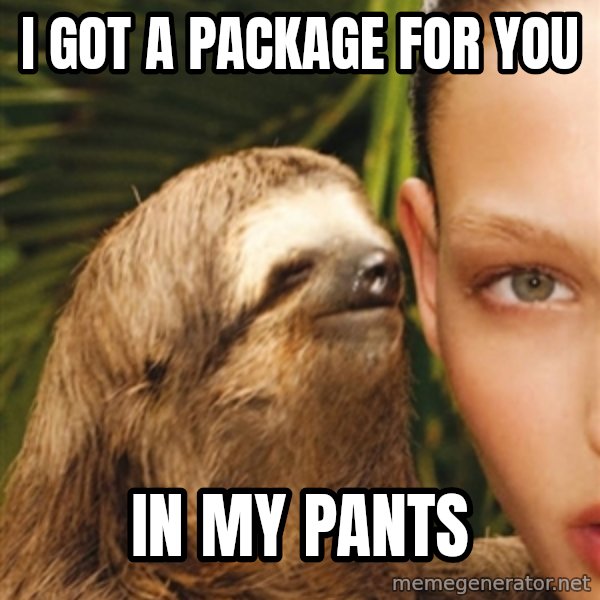 The Rape Sloth meme: I got a package for you / In my pants