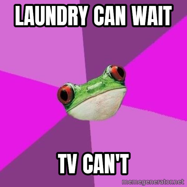 Foul Bachelorette Frog meme: laundry can wait / tv can't