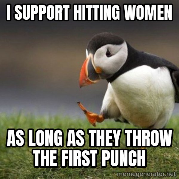 Unpopular Opinion Puffin meme: I support hitting women / as long as they throw the first punch