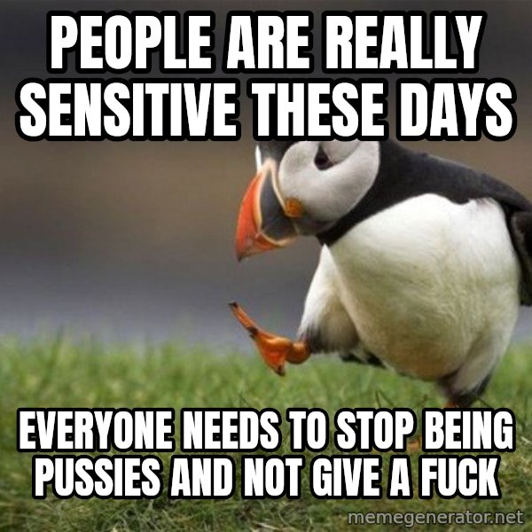 Unpopular Opinion Puffin meme: People are really sensitive these days / Everyone needs to stop being pussies and not give a fuck